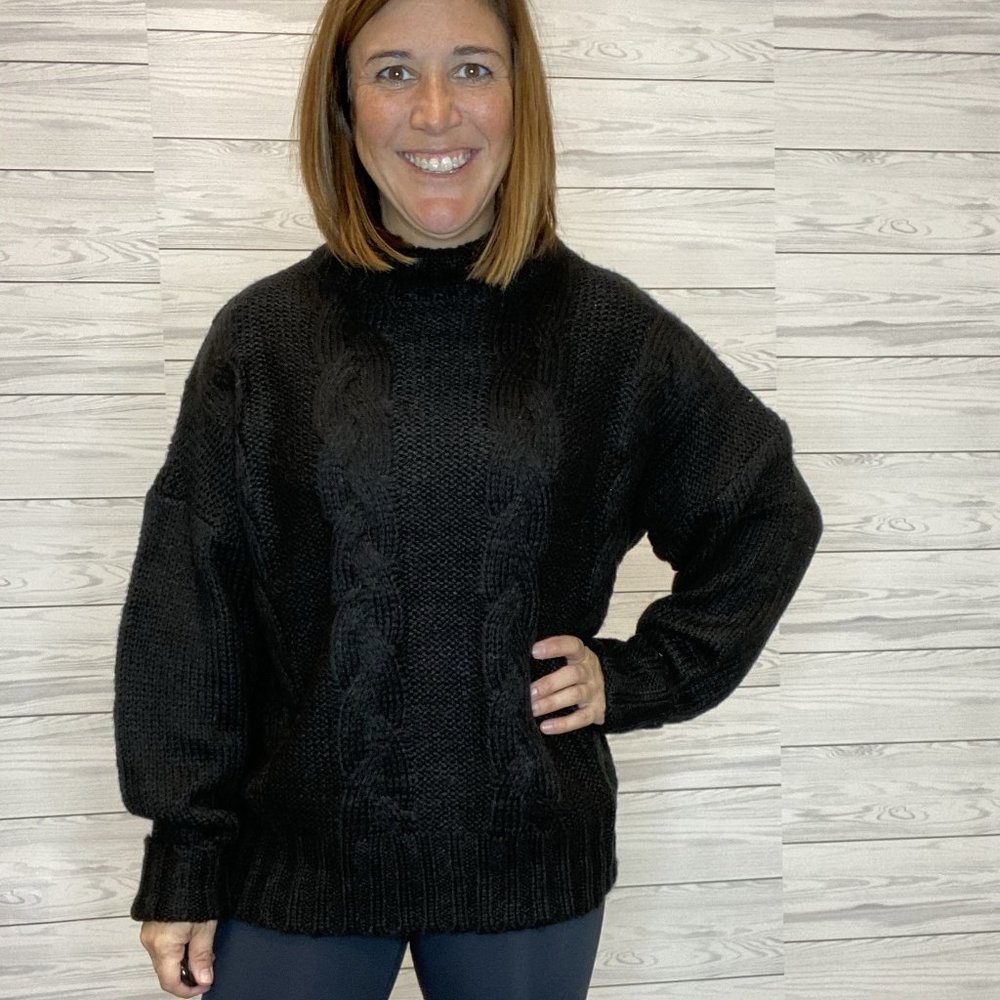 Mock Neck Cable Sweater - Black